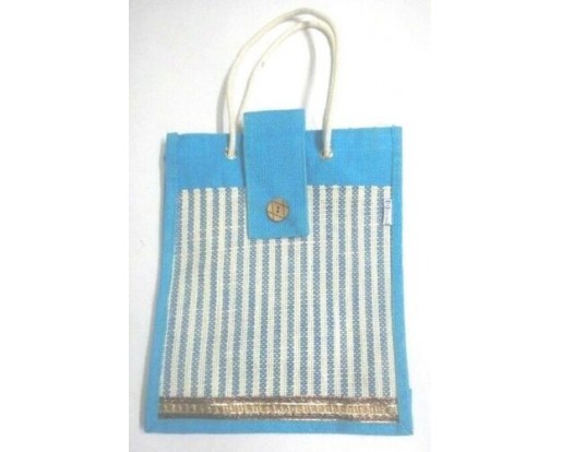 Jute Burlap Tote Bag / Striped Pattern Shopping Bag - Turquoise